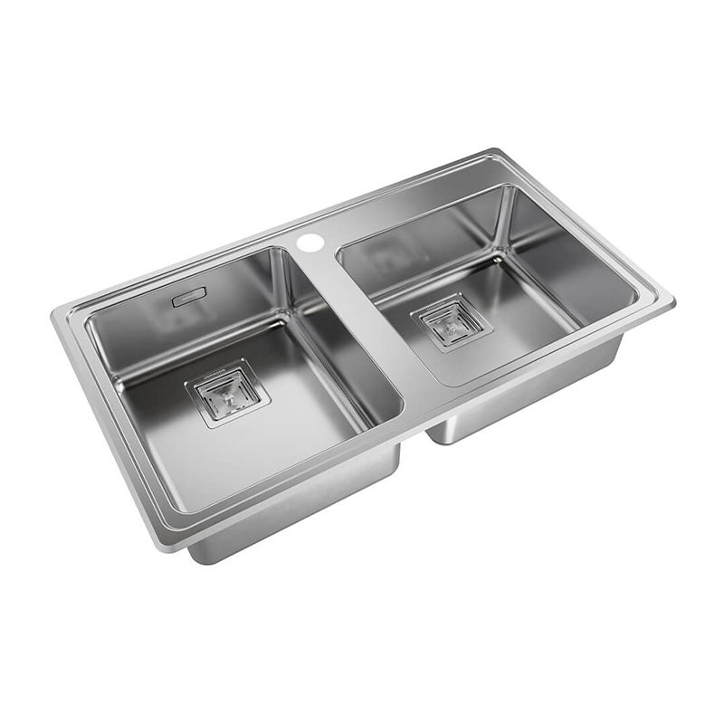 Pileta cocina doble acero inoxidable 304 pulido estandar sobrepuesta antirrebalse antiderrame 855mm x 482mm x 175mm