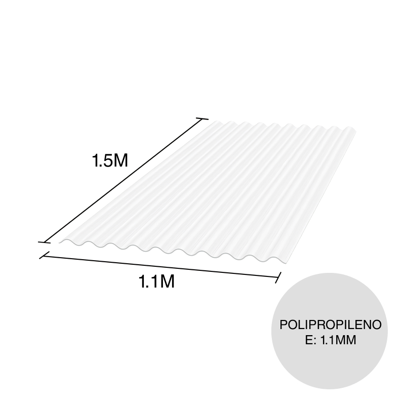 Chapa acanalada Luz polipropileno blanca translucida 1.5m x 1.1m x 1.1mm