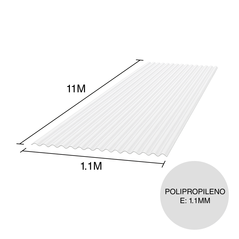 Chapa acanalada Luz polipropileno blanca translucida 11m x 1.1m x 1.1mm