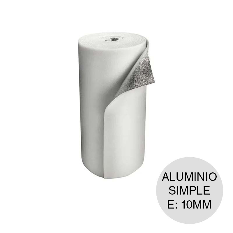 Aislante termico hidrofugo espuma polietileno Rufi film aluminio puro una cara 10mm x 1.05m x 20m rollo x 21m²