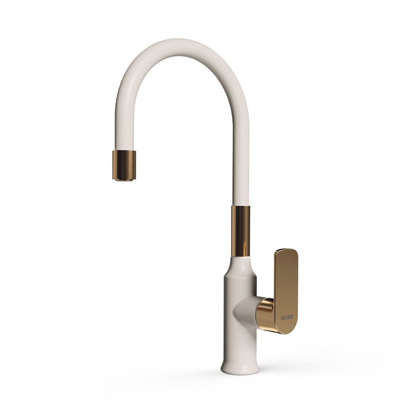 Griferia cocina metalica Agatha White Gold pico movil flexible sobremesada monocomando blanco y dorado