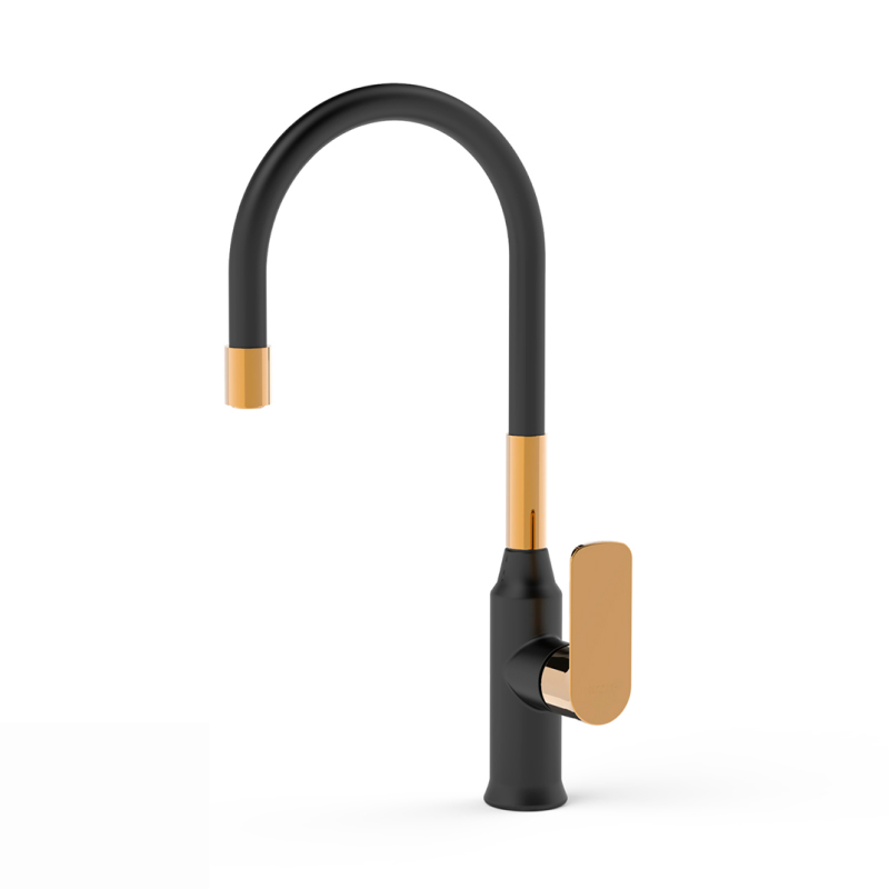 Griferia cocina metalica Agatha Black Gold pico movil flexible sobremesada monocomando negro y dorado