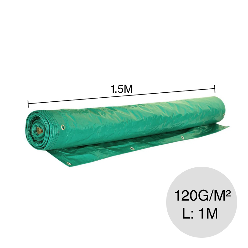 Rafia cubrecerco plastificada c/ojales polipropileno verde ingles 120g/m² rollo 1.5m x ml