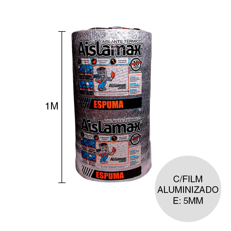 Aislante termico espuma polietileno c/film aluminizado una cara 5mm x 1m x 20m rollo x 20m²