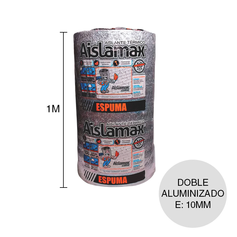 Aislante termico espuma polietileno c/film aluminizado doble cara 10mm x 1m x 20m rollo x 20m²