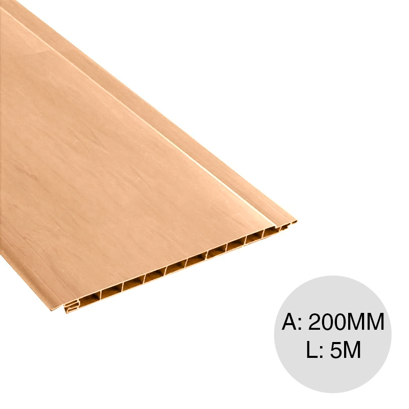 Cielorraso y revestimiento PVC fresno almendro 10mm x 200mm x 5m