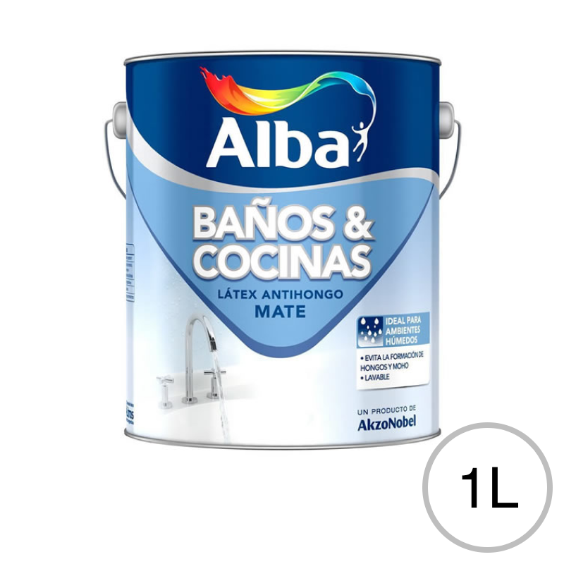 Pintura latex acrilica Baños y Cocinas antihongo interior blanco mate lata x 1l