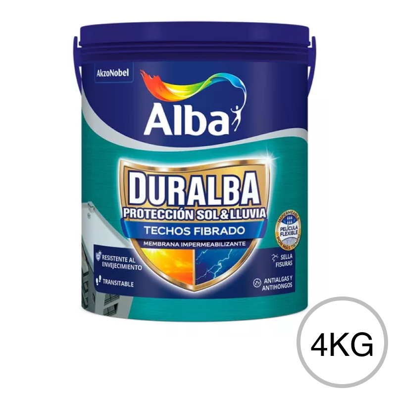 Impermeabilizante acrilico elastomerico Duralba Techos Fibrado exterior blanco satinado balde x 4kg