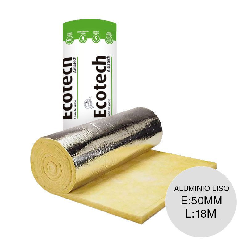 Aislante termico lana de vidrio Ecotech Aluminio Liso y Solapa 50mm x 1.2m x 18m rollo x 21.6m²