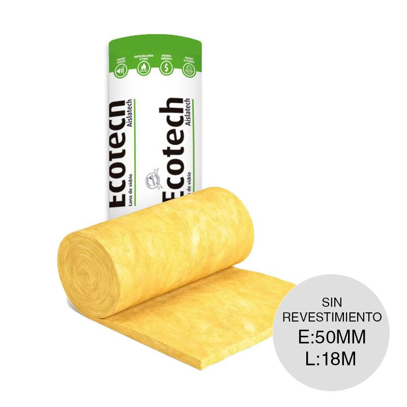 Aislante termico lana de vidrio Ecotech Sin Revestimiento cortada 50mm x 0.4m x 18m rollo x 7.2m²
