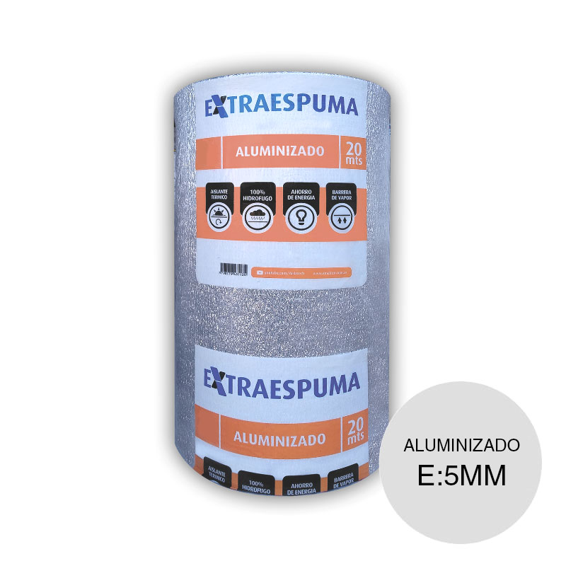 Aislante termico hidrofugo espuma polietileno Extraespuma con film aluminizado 5mm x 1m x 20m rollo x 20m²