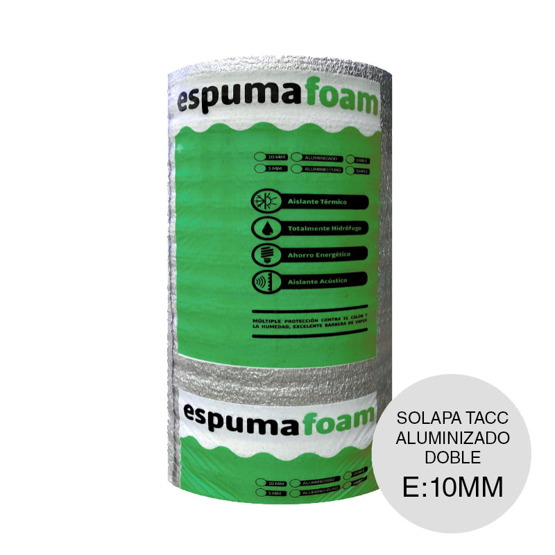 Aislante termico hidrofugo espuma polietileno Espumafoam solapa TACC con film aluminizado doble 10mm x 1m x 20m rollo x 20m²