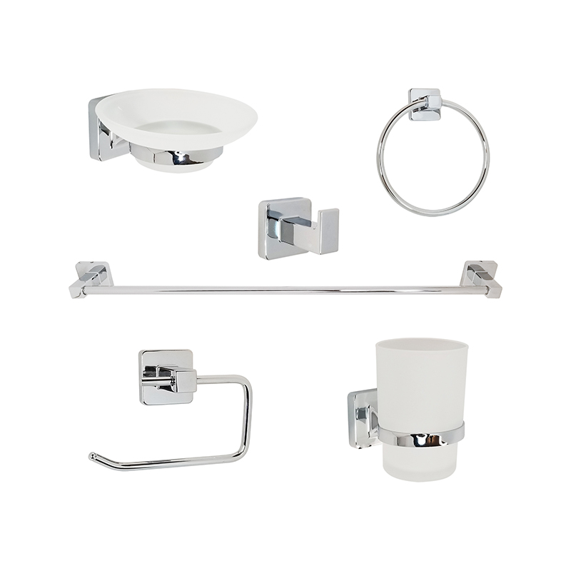 Kit accesorios p/baño 6 piezas metal y vidrio esmerilado Status cromado brillante  