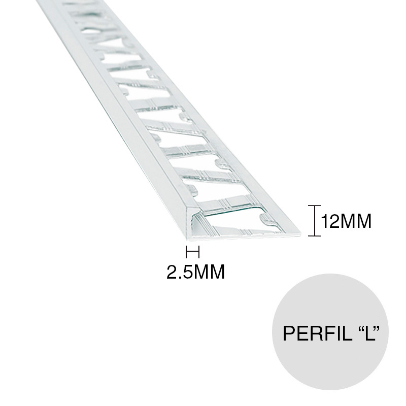 Perfil L aluminio pared revestimiento cromo brillante 2.5mm x 12mm x 2.5m