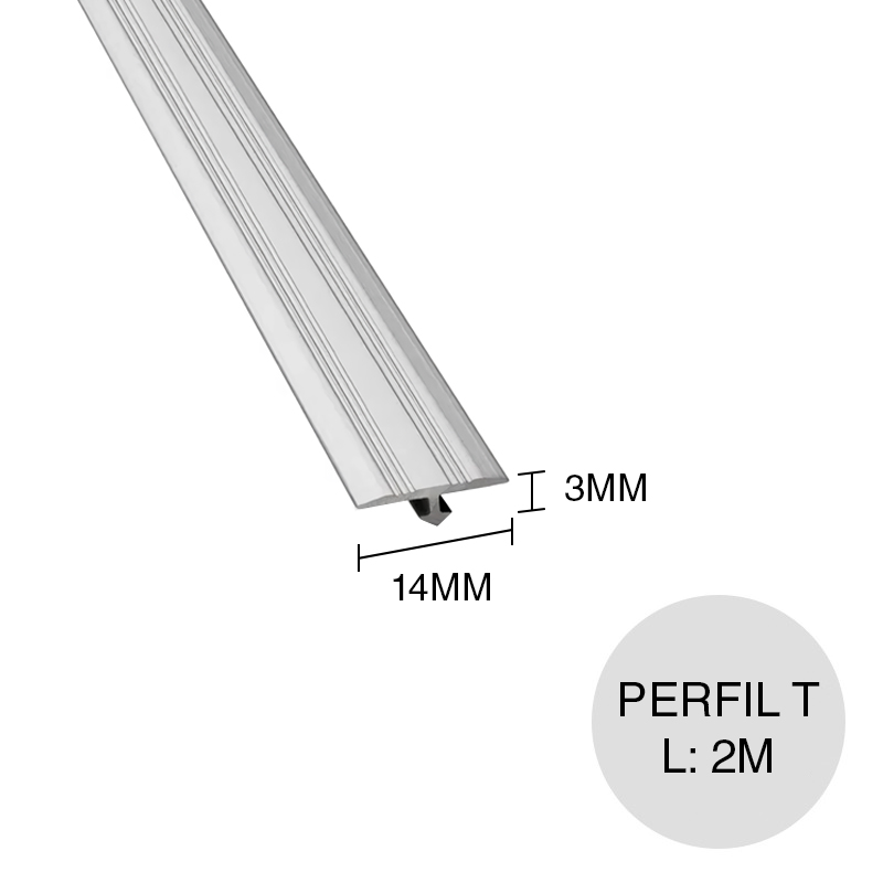 Perfil T transicion aluminio cromo mate 3mm x 14mm x 2m