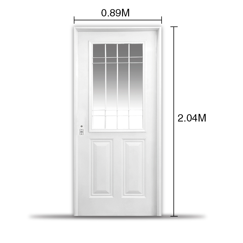 Puerta exterior derecha acero Standard c/media reja - 2 tableros blanco 890mm x 2.04m