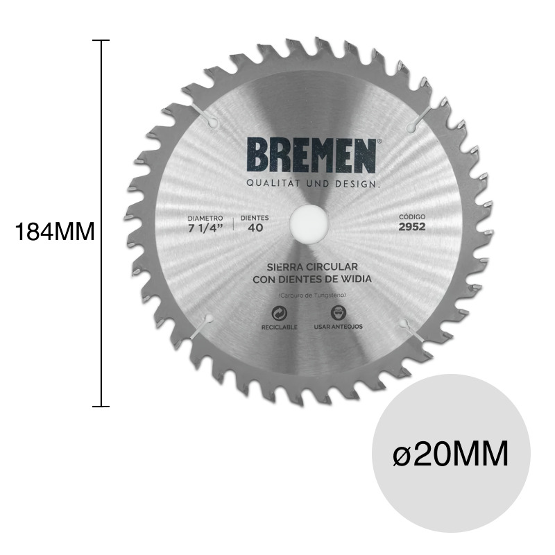 Disco sierra circular corte madera 40D widia ø 20mm x ø 7 1/4" - 184mm