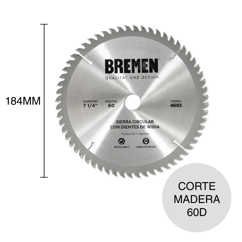 Disco sierra circular corte madera 60D widia ø 7 1/4" - 184mm