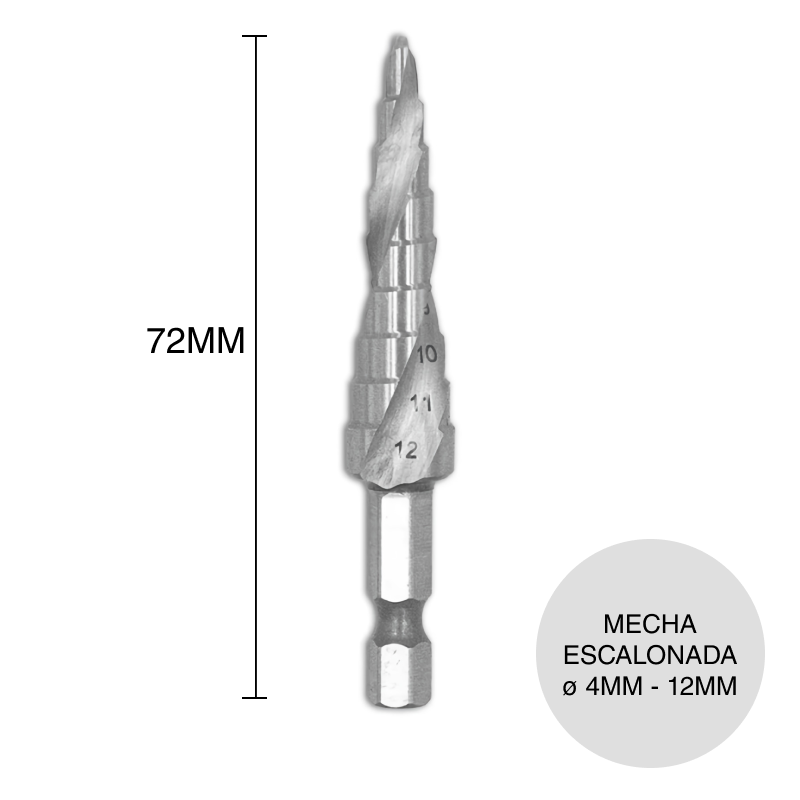 Mecha escalonada acero ø 4mm - 12mm x 72mm