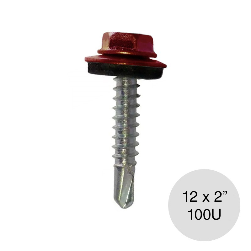 Tornillo autoperforante punta mecha 12 x 2" rojo bolsa x 100u