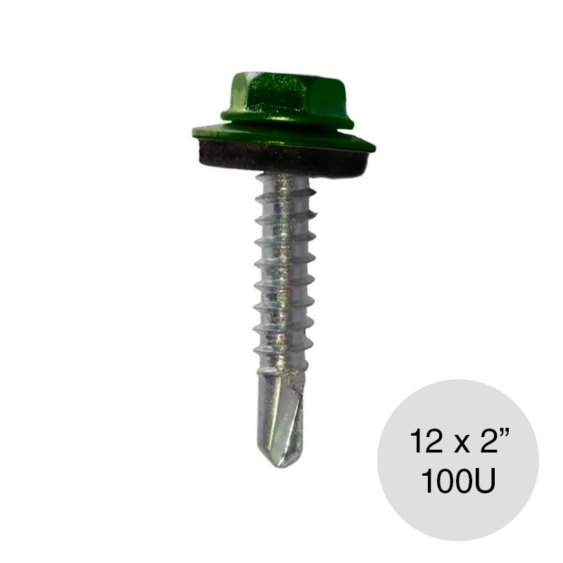 Tornillo autoperforante punta mecha 12 x 2" verde bolsa x 100u