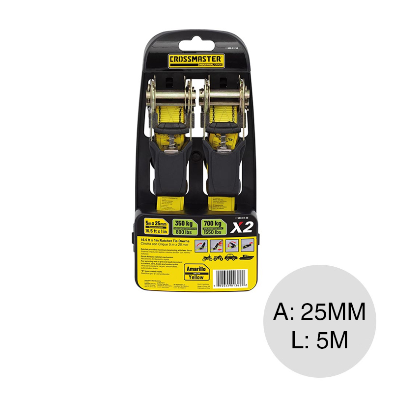 Cincha amarre reforzada poliester c/crique amarillo 25mm x 5m pack x 2u
