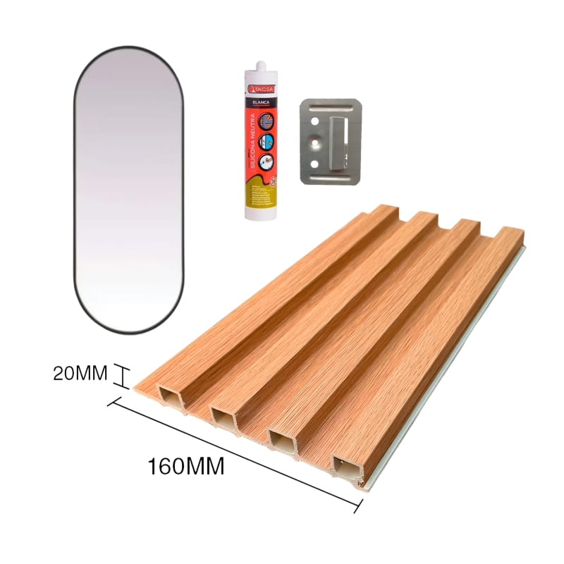Combo Instalacion WPC Cedro Claro – 10 Paneles + Espejo simil negro pastilla 50cm x 120cm + 20 Clips + 1 Silicona