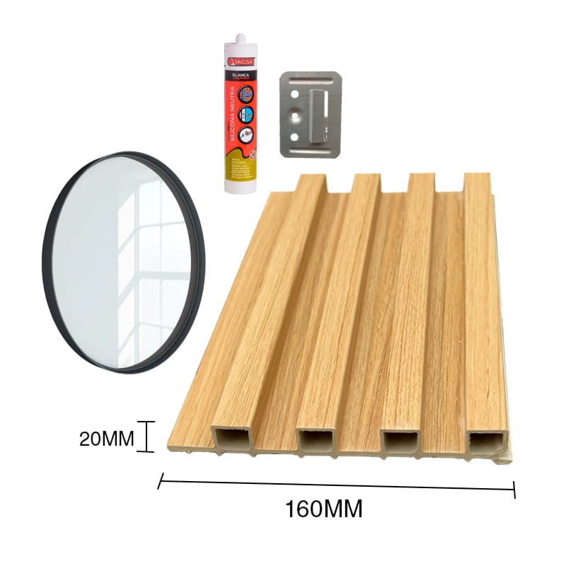 Combo Instalacion WPC Pino Claro – 10 Paneles + Espejo simil negro 60cm redondo + 20 Clips + 1 Silicona
