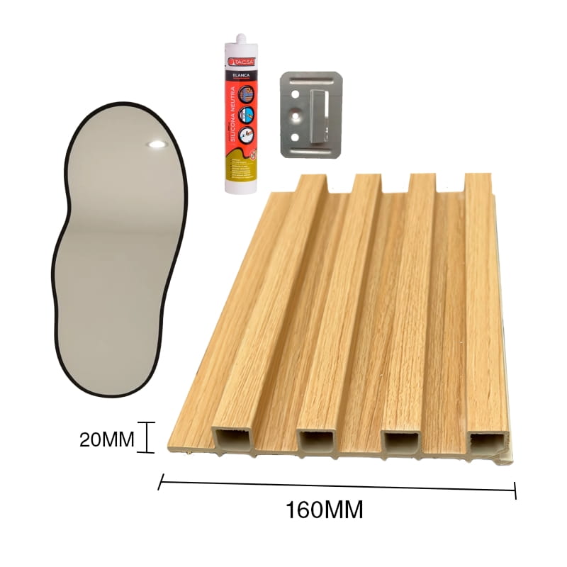 Combo Instalacion WPC Pino Claro – 10 Paneles + Espejo simil negro nube 50cm x 120cm + 20 Clips + 1 Silicona