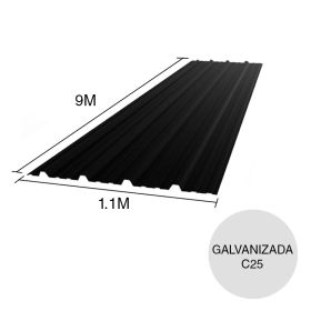 Chapa trapezoidal T1010 galvanizada techos C25 prepintada negro 9m x 1.1m x 0.5mm