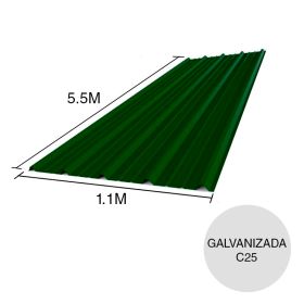 Chapa trapezoidal T1010 galvanizada techos C25 prepintada verde 5.5m x 1.1m x 0.5mm