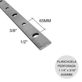 Planchuela herreria acero laminado 1 1/4" x 3/16" perforacion redonda 3/8" y 1/2" c/65mm barra 31.7mm x 4.8mm x 6m