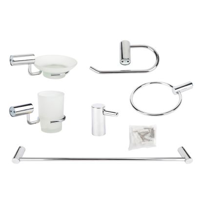 Kit accesorios p/baño metal y vidrio esmerilado Adur cromo brillante pack x 6 piezas