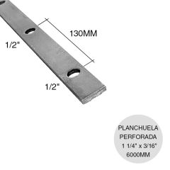 Planchuela herreria acero laminado 1 1/4" x 3/16" perforacion redonda 1/2" c/130mm barra 31.7mm x 4.8mm x 6m