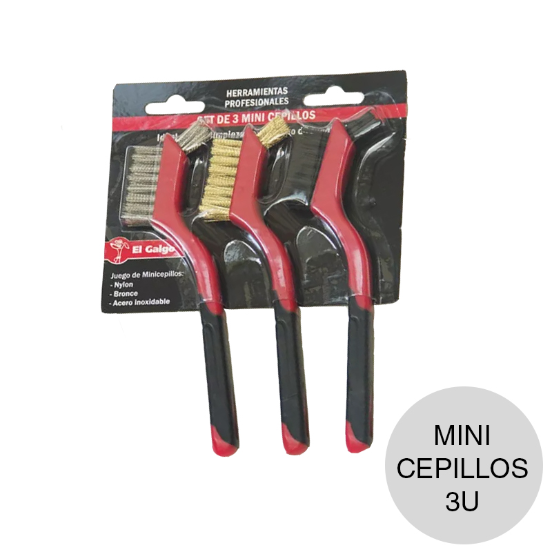 Set minicepillos profesional nylon bronce acero mango goma pack x 3u