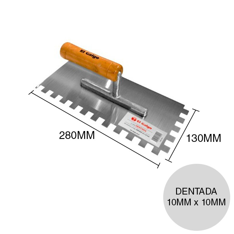 Llana profesional dentada 10mm x 10mm hoja aluminio mango madera 130mm x 280mm