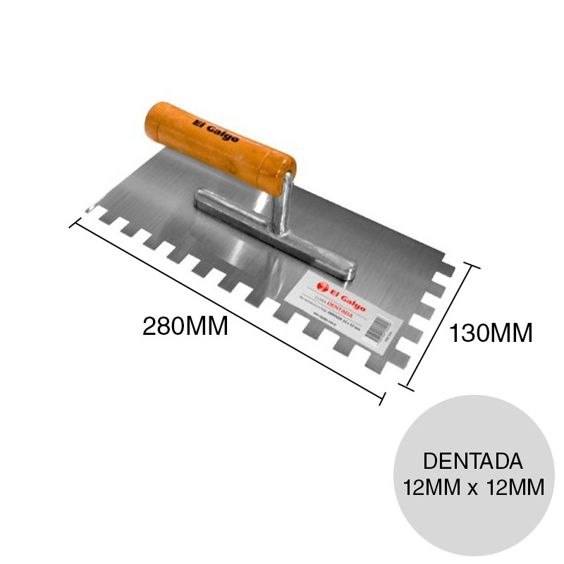 Llana profesional dentada 12mm x 12mm hoja aluminio mango madera 130mm x 280mm