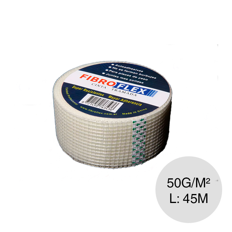 Cinta tramada autoadhesiva malla fibra de vidrio 50 g/m² 3.17mm x 3.17mm rollo x 50mm x 45m