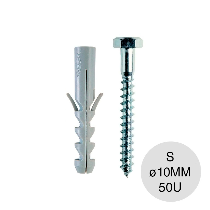 Kit taco tarugo S 10 nylon s/tope ø 10mm + Tornillo tirafondo 1/4" x 2 1/4" bolsa x 50u