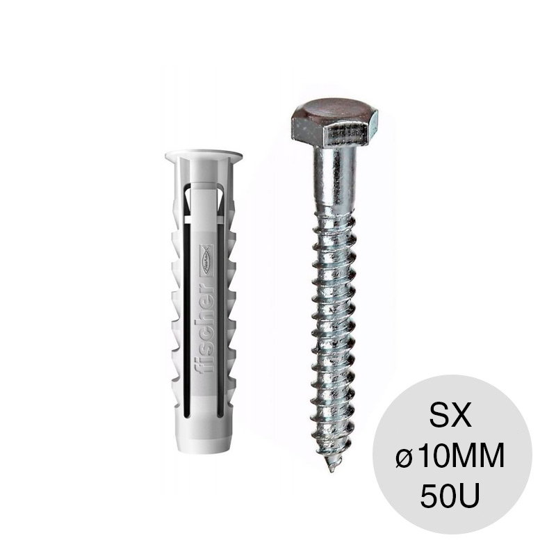 Kit taco tarugo nylon SX c/tope arandela expansion ø 10mm + Tornillo tirafondo 1/4" x 2 1/4" bolsa x 50u