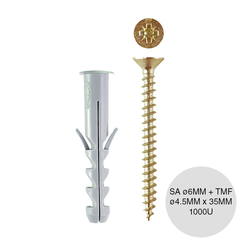 Kit taco tarugo nylon SA c/tope arandela expansion ø 6mm x 30mm + Tornillo TMF ø 4.5mm x 35mm balde x 1000u
