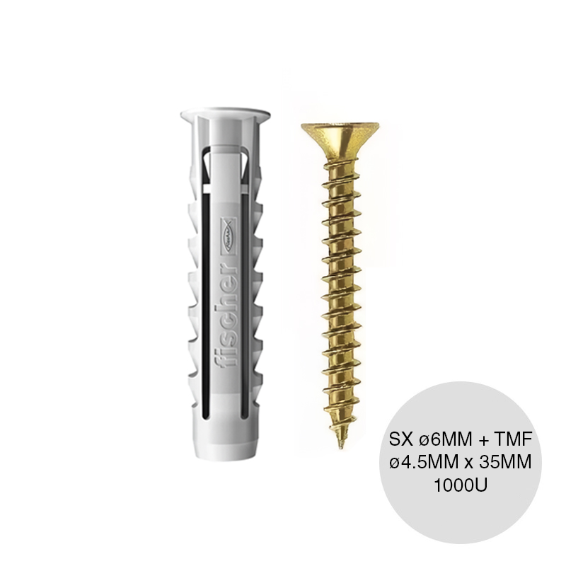 Kit taco tarugo nylon SX c/tope arandela expansion ø 6mm x 30mm + Tornillo TMF ø 4.5mm x 35mm balde x 1000u