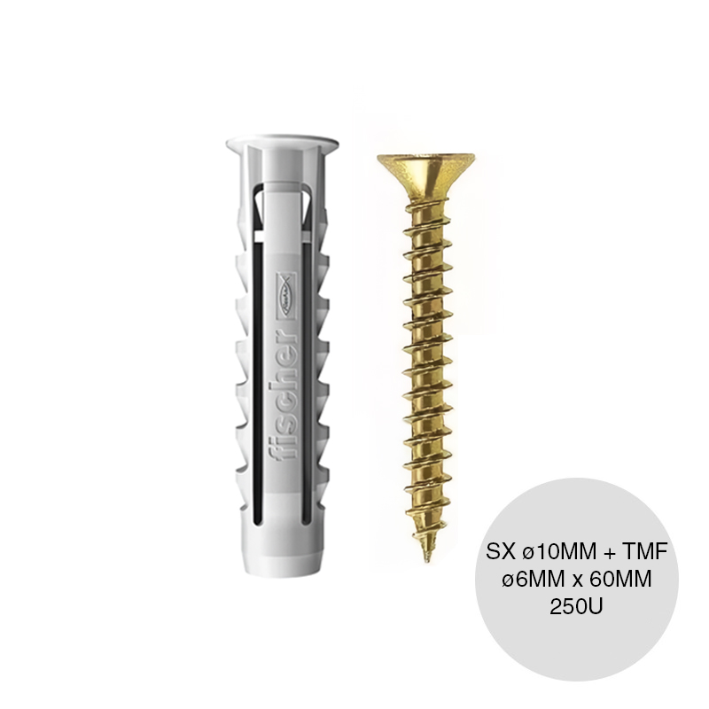 Kit taco tarugo nylon SX c/tope arandela expansion ø 10mm x 50mm + Tornillo TMF ø 6mm x 60mm balde x 250u