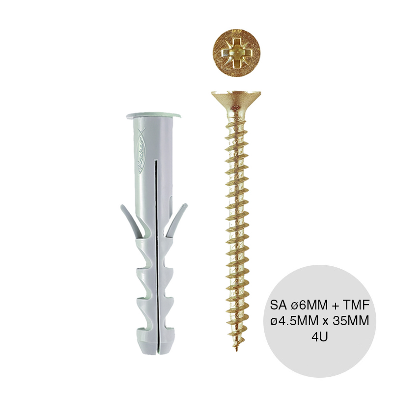 Kit taco tarugo nylon SA c/tope arandela expansion ø 6mm x 30mm + Tornillo TMF ø 4.5mm x 35mm blister x 4u