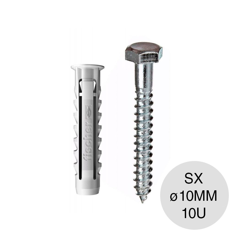 Kit taco tarugo nylon SX c/tope arandela expansion ø 10mm + Tornillo tirafondo 1/4" x 2 1/4" bolsa x 10u
