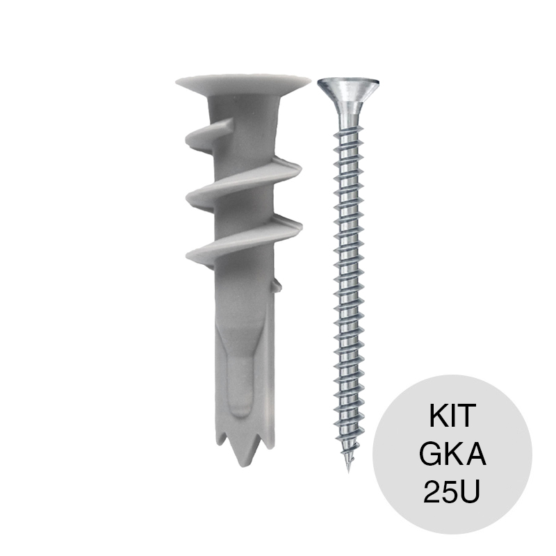 Kit taco tarugo nylon GKA autoroscante placa yeso + Tornillo TMF ø 4mm x 25mm bolsa x 25u