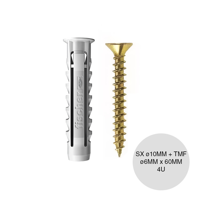 Kit taco tarugo nylon SX c/tope arandela expansion ø 10mm x 50mm + Tornillo TMF ø 6mm x 60mm blister x 4u