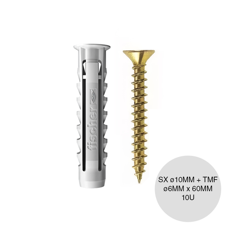 Kit taco tarugo nylon SX c/tope arandela expansion ø 10mm x 50mm + Tornillo TMF ø 6mm x 60mm blister x 10u