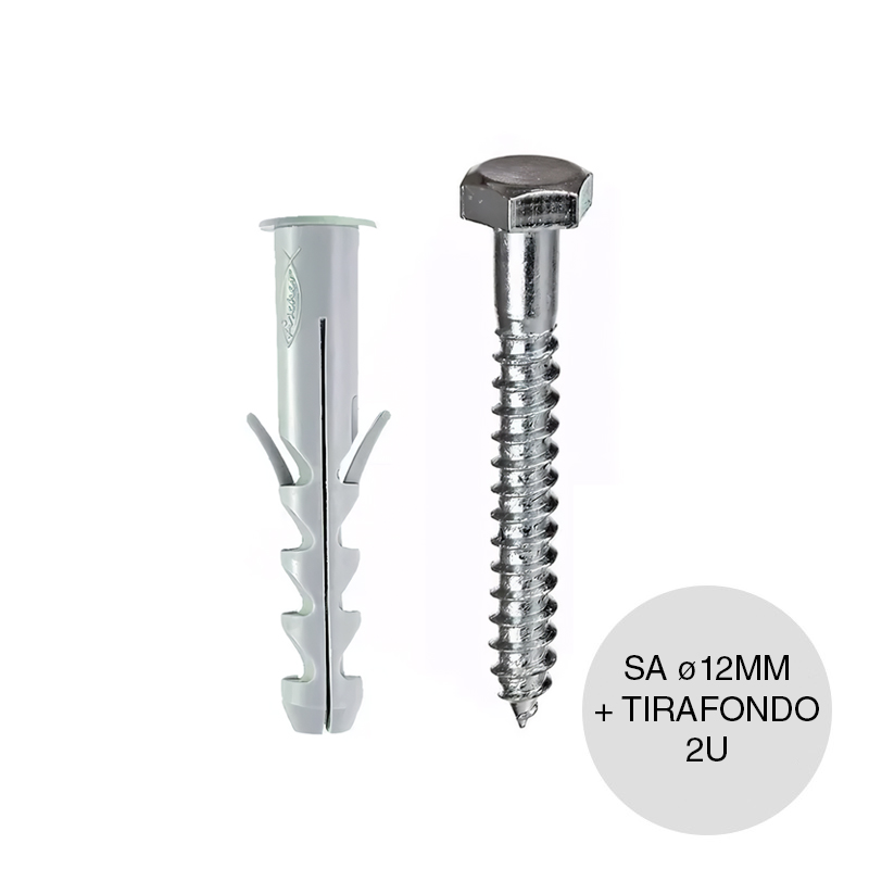 Kit taco tarugo nylon SA c/tope arandela expansion ø 12mm x 60mm + Tornillo tirafondo 5/16" x 2 1/2" blister x 2u