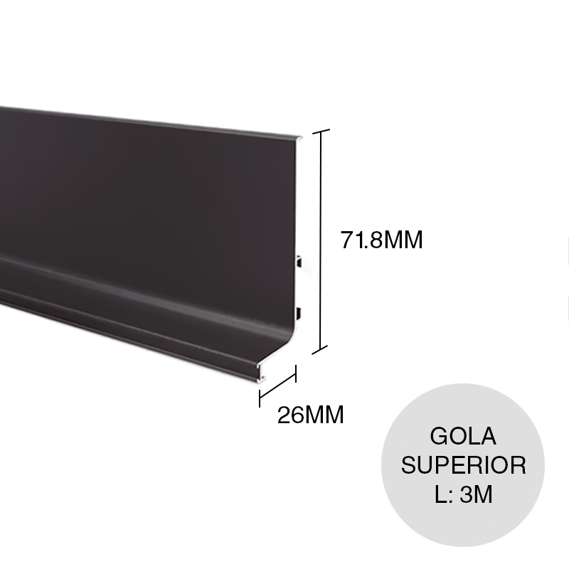 Perfil Gola Superior c/felpas aluminio negro 26mm x 71.8mm x 3m